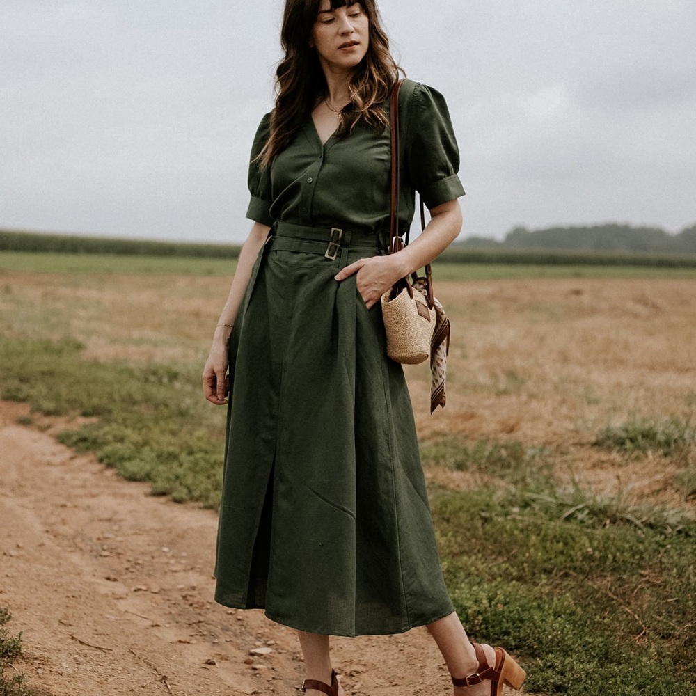 Darling Green Cotton/Linen Maxi Skirt with Belt Detail L